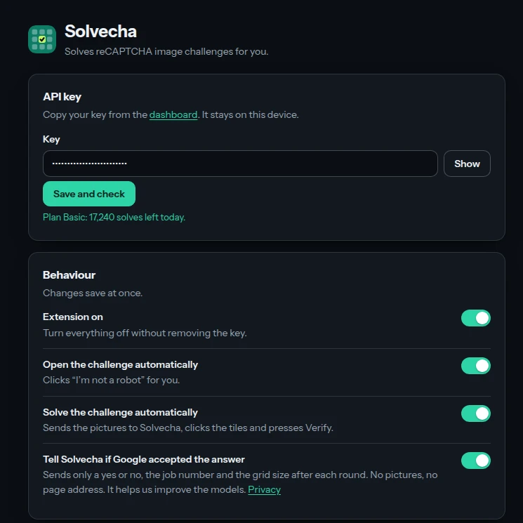The extension settings page in dark mode: API key, behaviour switches and timing