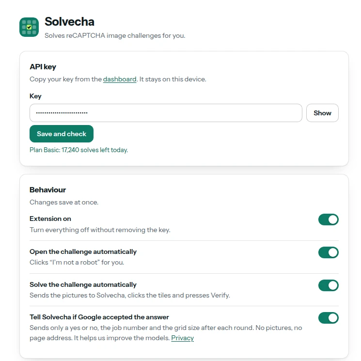 The extension settings page in light mode: API key, behaviour switches and timing