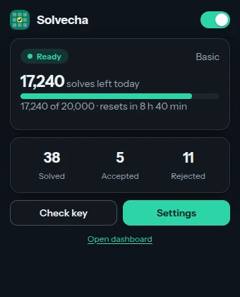 The extension popup in dark mode: status Ready, 17,240 of 20,000 solves left today