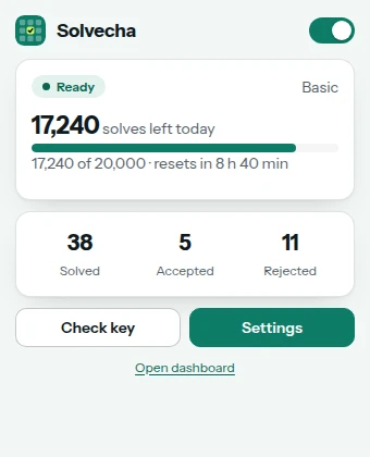 The extension popup in light mode: status Ready, 17,240 of 20,000 solves left today